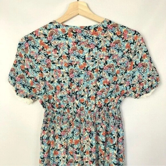 Zara Blue Floral Short Sleeve Peasant Midi Dress L - Picture 5 of 5